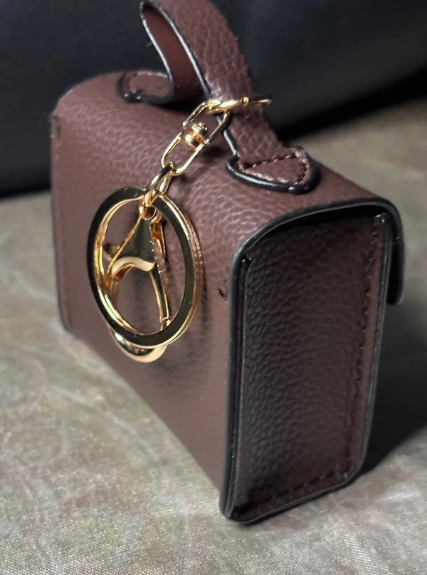 Mini Satchel Keychain Charm Chocolate Brown Pebble Faux Leather Micro Bag - Image 2