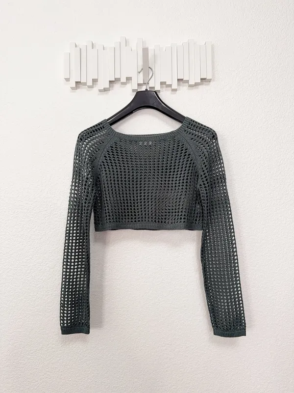 Zenana Ash Jade Crochet Open Knit Cropped Sweater Top Long Sleeve Boho Sheer - Image 5