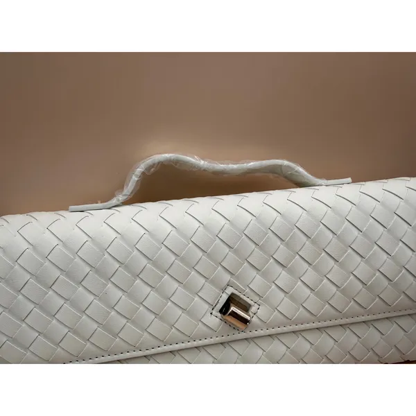 Few Moda East West Clutch Woven Faux‎ Leather White Gold Turn Lock Crossbody Bag - Image 3
