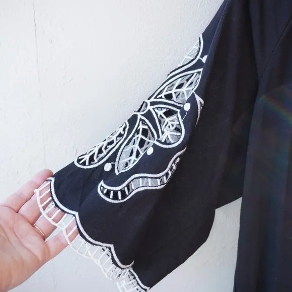 Solitaire Black Linen Blend V-Neck Shirt Embroidered Artisan Blouse‎ Artsy Boho - Image 5