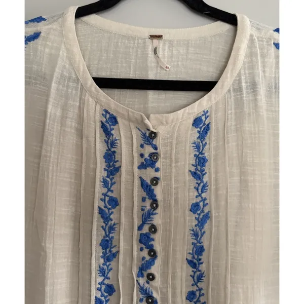 Free People Santiago Embroidered Boho Mini Dress Ivory and Blue‎ Size Medium - Image 3