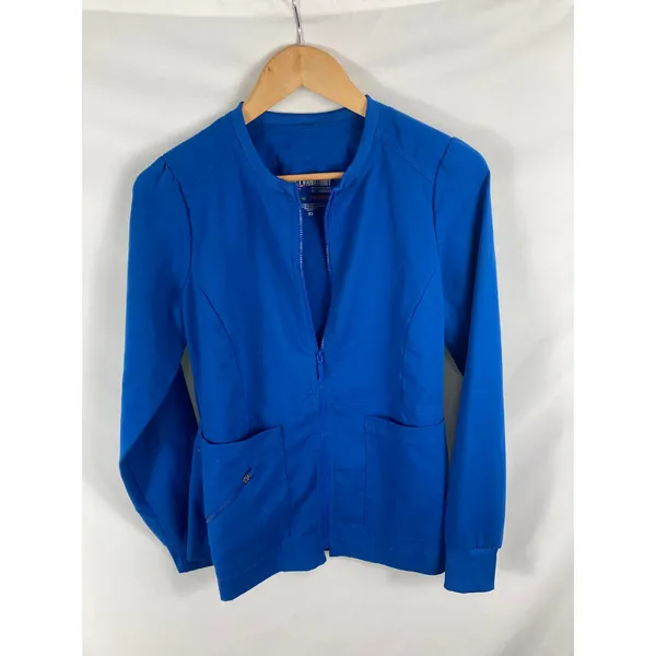 Greys Anatomy Blue Long Sleeve Zip Up Scrub Top Size XS - Image 2