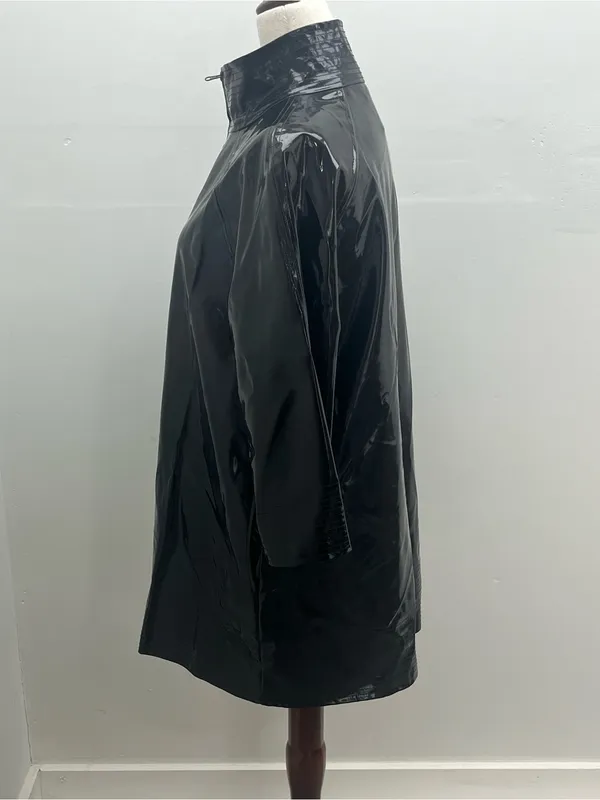 WD NY Black Patent Leather Faux Vinyl Leopard Print Lining Trench Coat Size 8 - Image 2