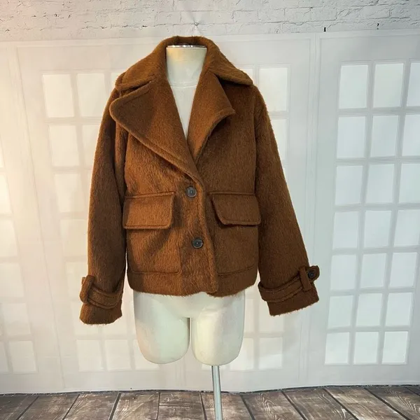 A New Day Brown Two Button Spread Collar Lined Furry Jacket Size Small - Image 2