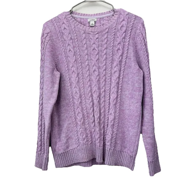 LL Bean Pink Marled‎ Double L Mixed Cable Crew Neck Pullover Sweater Size LARGE - Image 2