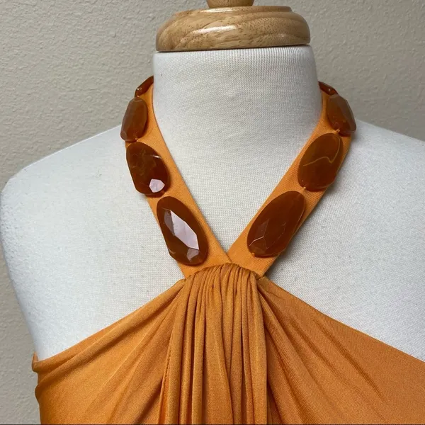 Badgley Mischka Orange Jeweled Halter Draped Mini Dress Est XS - Image 4