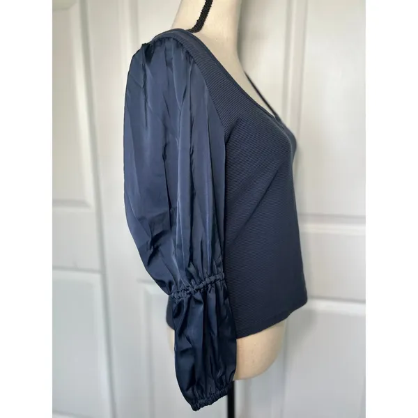 NWT Maeve Anthropologie Navy Ribbed Satin Tiered‎ Balloon Sleeve Top Size Small - Image 3
