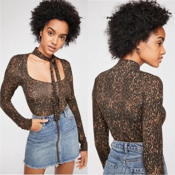 Free People Square Neck Copper Animal Print Pullover Tie Neck Long Sleeve Top Xs - Image 3
