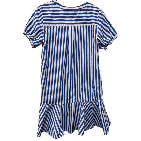 J. Crew Cotton Dress Sz 10 Blue White Stripe Ruffle Puff Sleeve Coastal V-Neck - Image 2