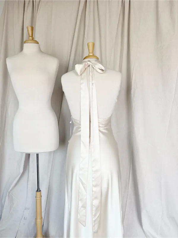 Elegant Cream Satin Halter Midi Dress - Image 9