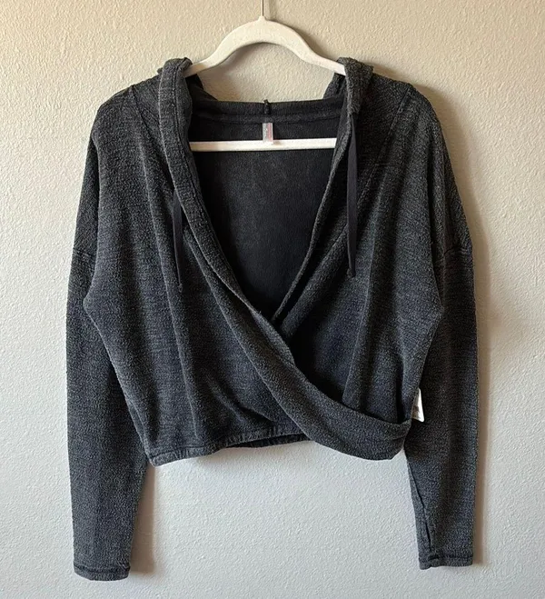 Free People Movement black criss cross cropped hooded terry sweatshirt - Image 2