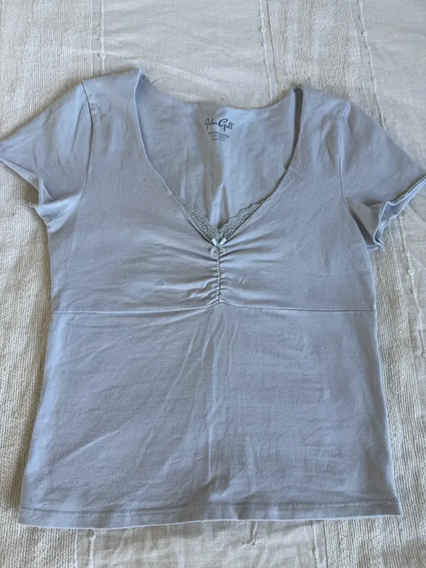 John Galt light blue ruched tshirt with a little lace - Image 2