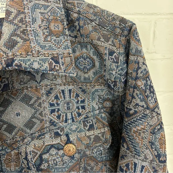 Vintage Bill Blass Patterned Tapestry Trucker Jacket Size M Blue Size M - Image 7