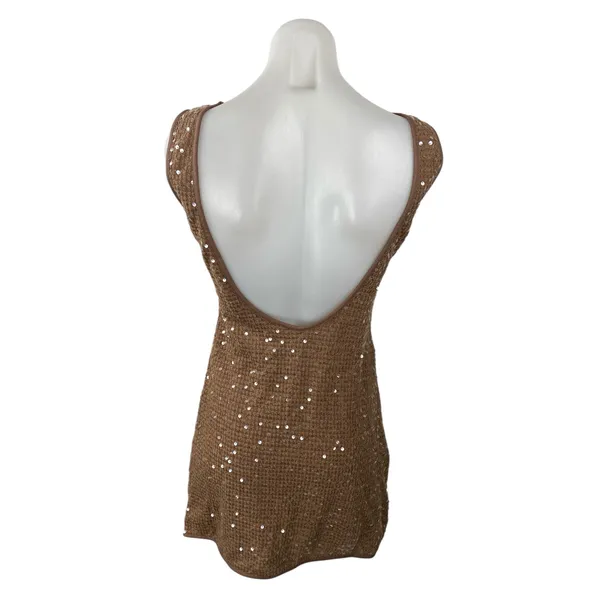 NEW Missguided Brown Sequin Boat Neck Waffle Knit Open Back Mini Dress Size S - Image 4
