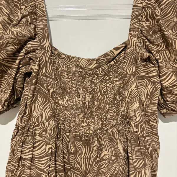 House Of Harlow Linen Blend Puff Sleeve Square Neck Swirl Babydoll Dress‎ Tan S - Image 6