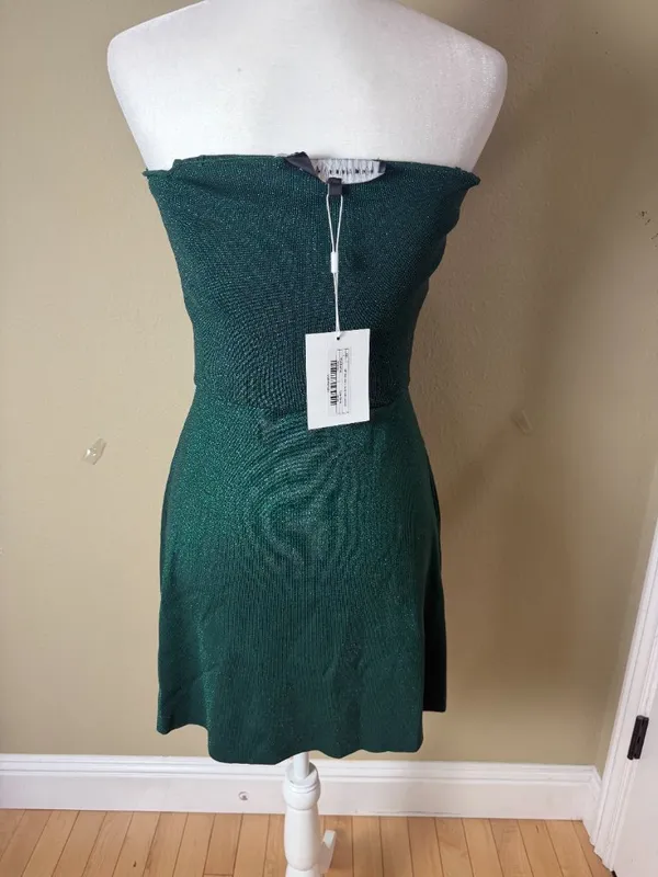 Anthropologie Endless Rose Lurex Knit Off Shoulder Sparkly Green Dress Size Smal - Image 6