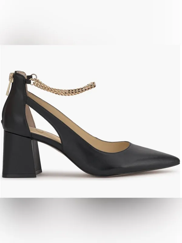 NWOB Jessica Simpson Black Leather Chain-Ankle Block Heel Pumps Size 5 - Image 3