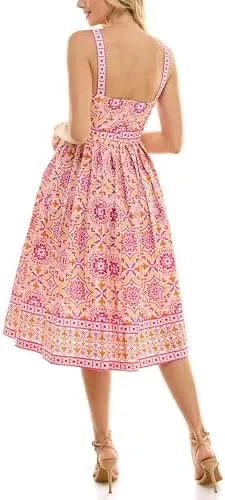 🩷 Maison Tara Medallion Print Midi Dress Size 4 Bright Pink Orange WITH POCKETS - Image 9