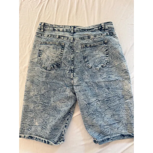 Acid‎ Wash Crinkle Denim Bermuda Shorts Light Blue Button Fly Plus Size 1XL - Image 2