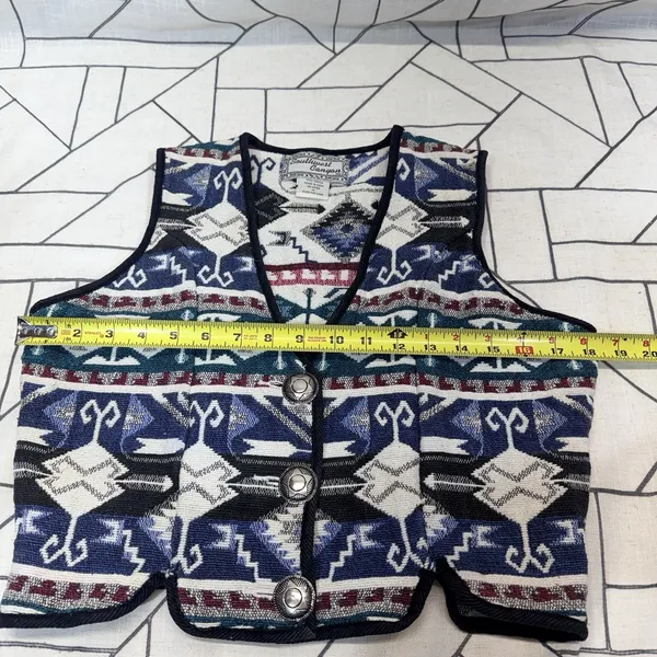 Southwest Canyon Geometric Jacquard Vest M Blue‎ VTG 90s Western Crop Aztec - Image 7