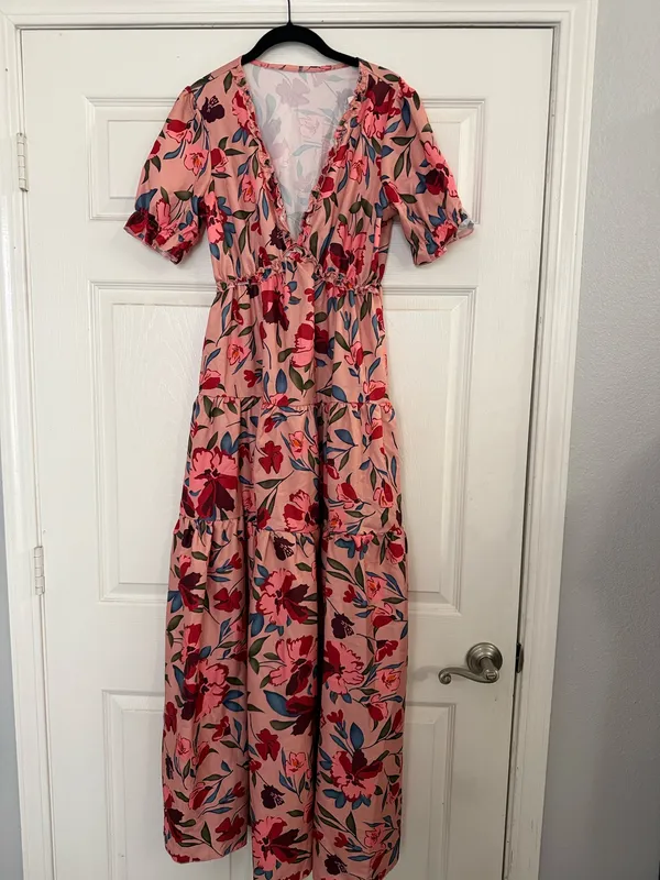 Camisa Floral Pink V-Neck Tiered Maxi Dress - Image 3