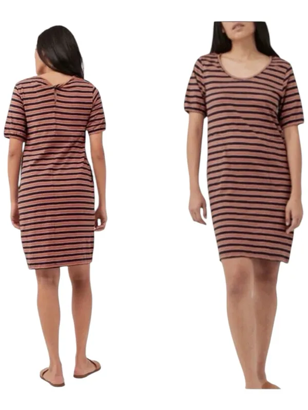 Pact Avery T-Shirt Dress Orange Harvest Navy Blue Stripe Organic Cotton - Image 2