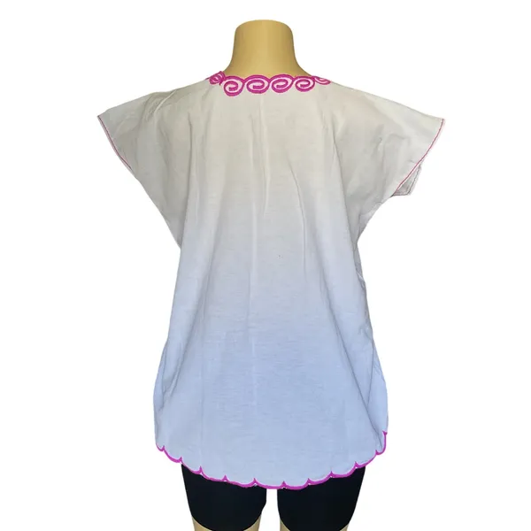 Mexican White Embroidered Blouse Floral Artisanal Folk Art Chiapas Boho Festival - Image 2