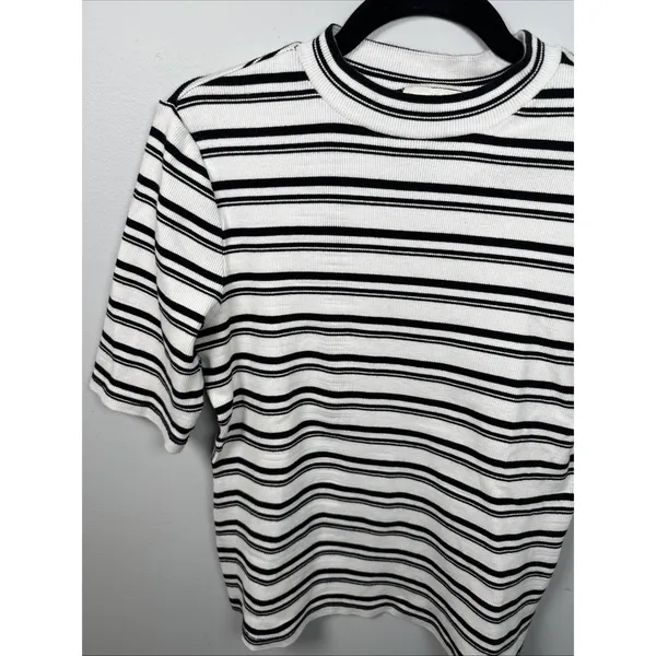 Maeve‎ Anthropologie Medium Womens Top Stretch Black White Short Sleeve Striped - Image 13