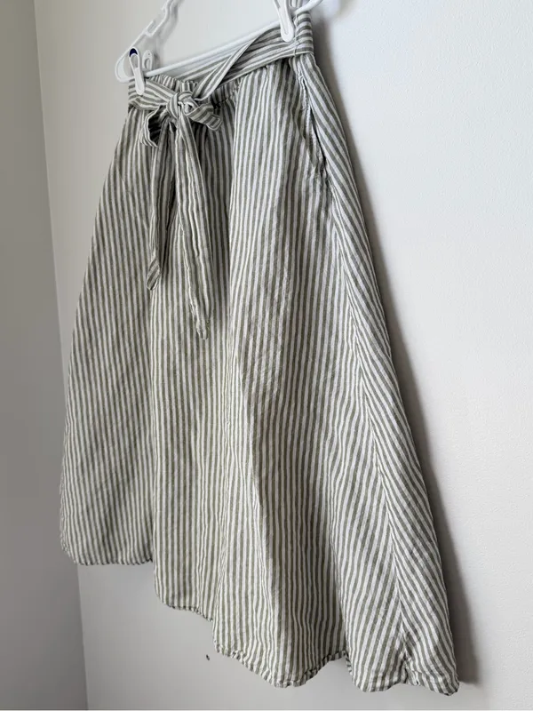 Talbots Linen Green and White Midi A-Line Skirt with Tie Front Size Medium - Image 3