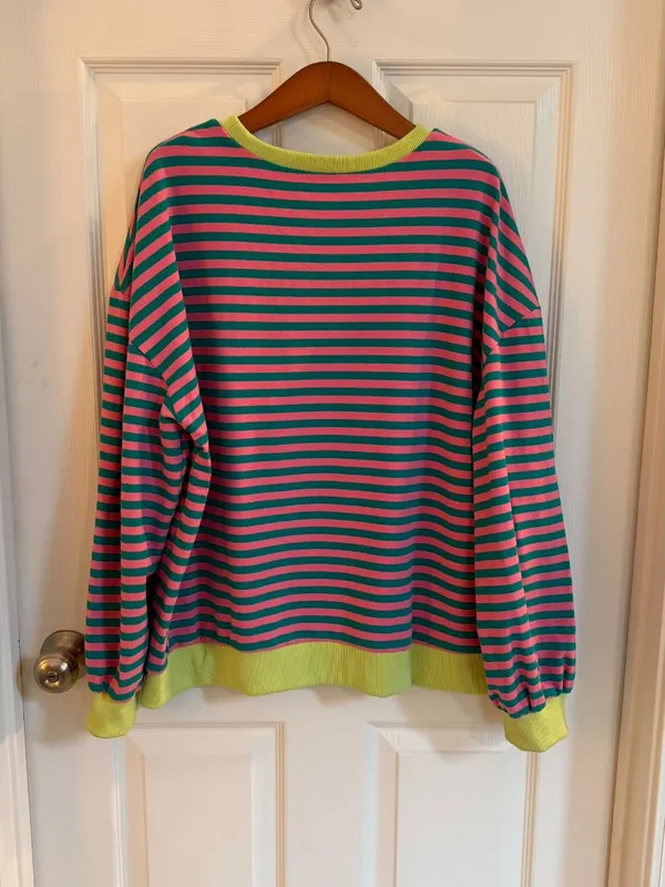 Striped Medium Sweatshirt Pull Over Pink Blue Neon Yellow Green Boho Oversized - Image 5