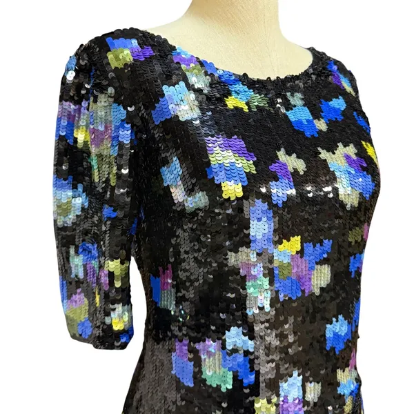 VTG Tracy Reese 4 Floral Sequin Mini Dress Blue Scoop Back Party Glam Evening - Image 4