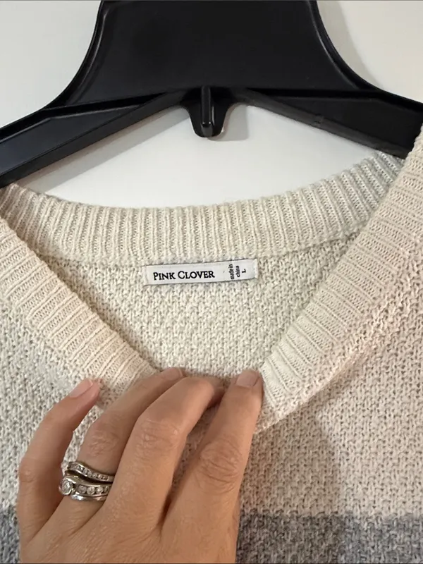 Pink Clover Striped Crewneck Sweater in Cream, Gray & Mint - Image 2