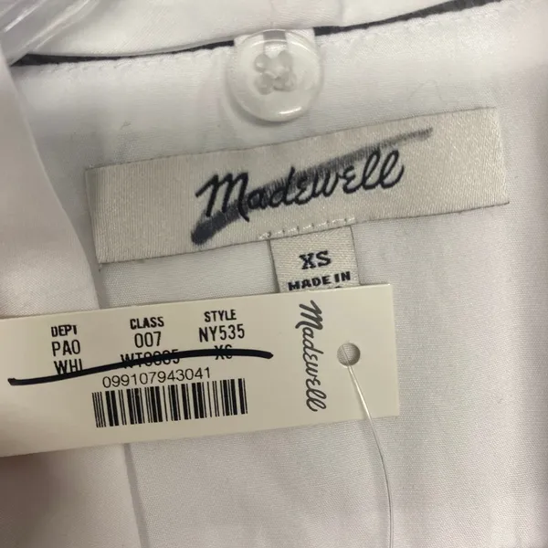 Madewell Top Womens XS White V Neck Puff Sleeve Blouse Tie Button‎ Cotton NY535 - Image 4