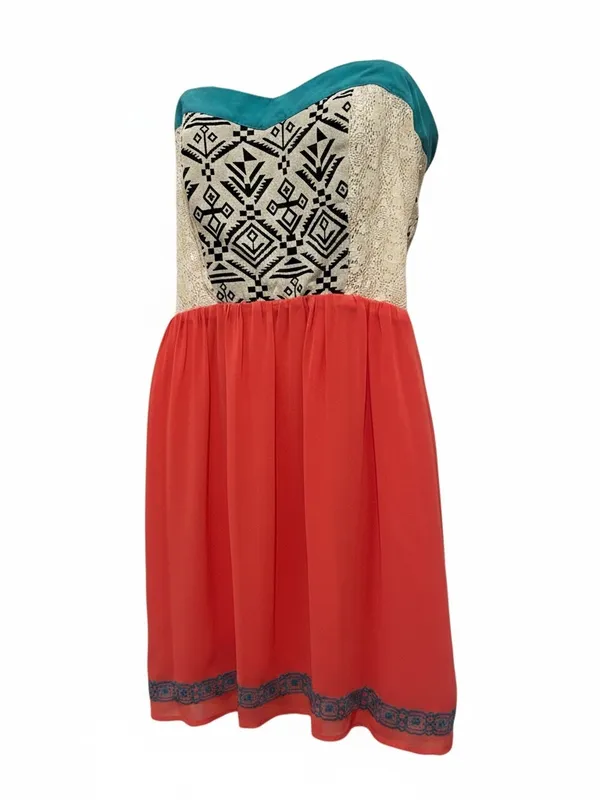Flying Tomato Coral Strapless Dress with Teal Trim and Black-White Aztec Bodice - Image 4