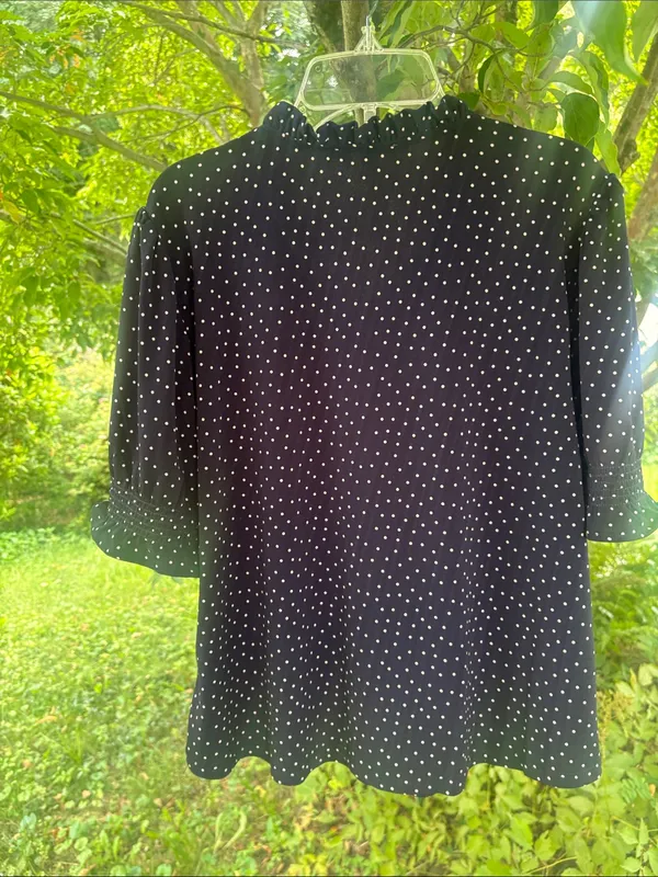 Adrianna Papell navy Blue with White Polka Dot Ruffle V-Neck Blouse - Image 3