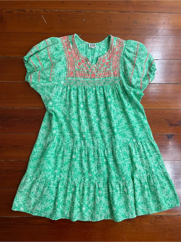 Sister Mary Green Paisley Embroidered Tiered Cotton Mini Boho Dress Sz S 🧡🎀 - Image 7