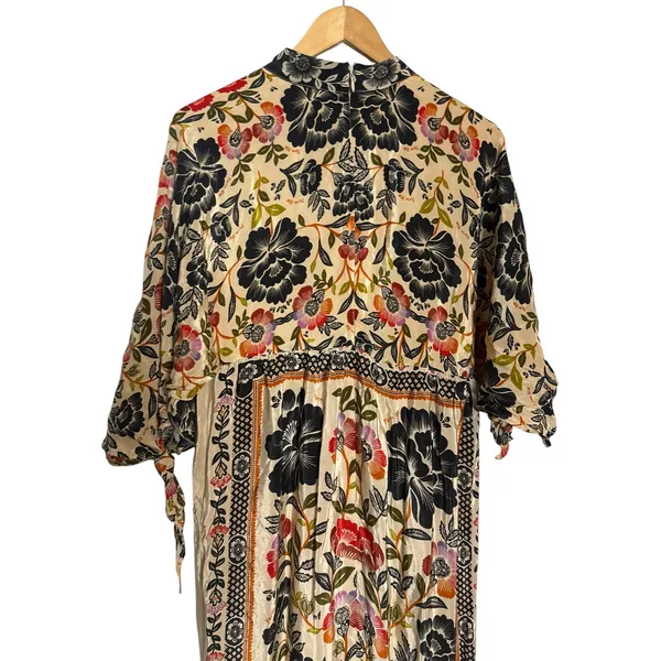 Farm Rio Romantic Garden Tie Sleeve Floral Print Fringed Mock Neck Maxi Dress M - Image 10