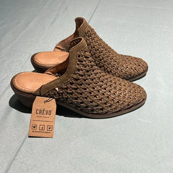 Crevo Anthropologie‎ Neva Woven Leather Mules Stacked Heel Women’s Size6.5 B53 - Image 3