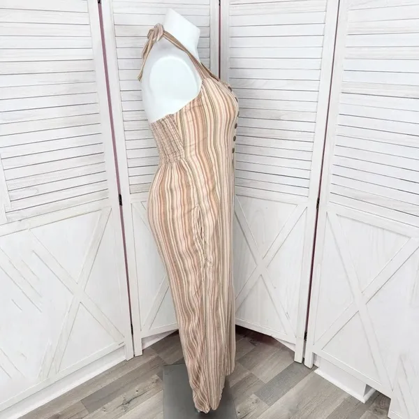 American Eagle Boho Striped Gauze Wide Leg Smocked Jumpsuit‎ Beige Large - Image 4