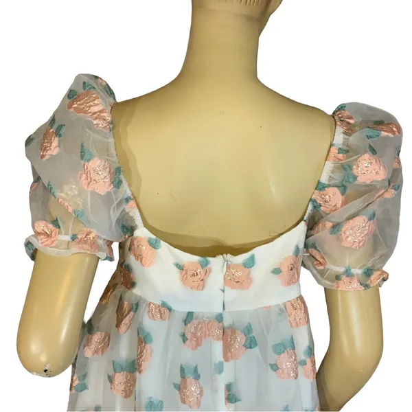 Altar'D State White W/Peach & Green Floral Print Organza Baby Doll Dress (M) - Image 7