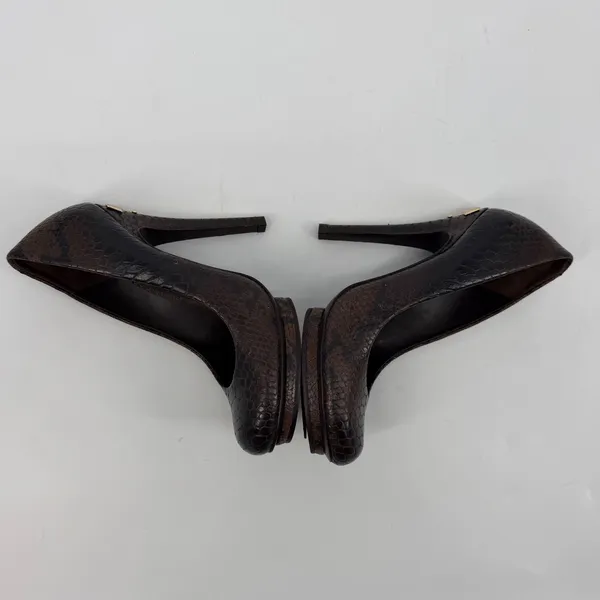 Tory Burch Brown Snakeskin Leather Platform Pumps Gold Logo Heel Size‎ 5.5M - Image 5