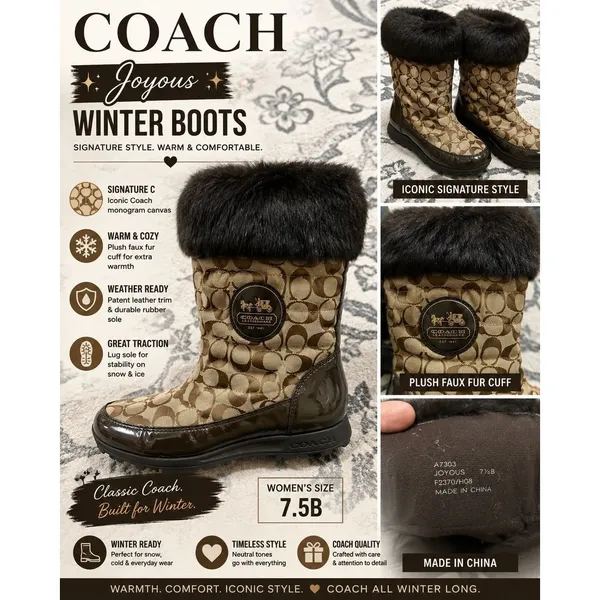 Coach Joyous Signature C Winter Snow Boots Faux Fur Trim Khaki Brown Women's 7.5 - Image 2