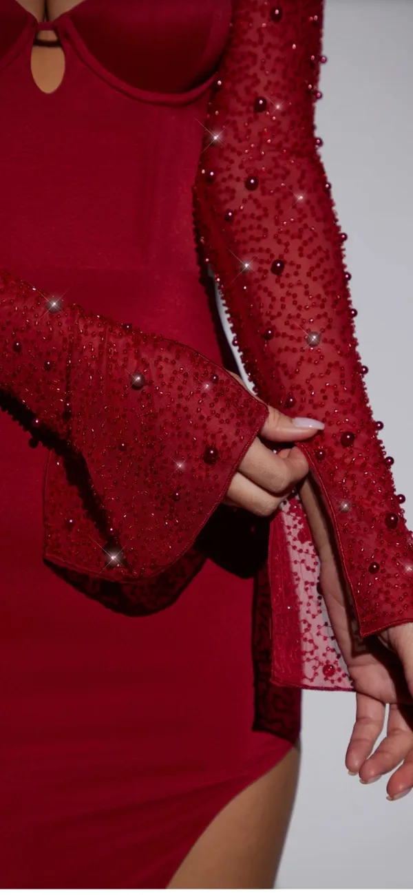 Oh Polly Red dress with slit and sleeves - Image 3