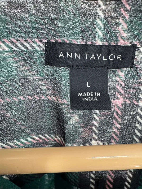 Ann Taylor sheer button front plaid puff sleeve top L professional office casual - Image 6