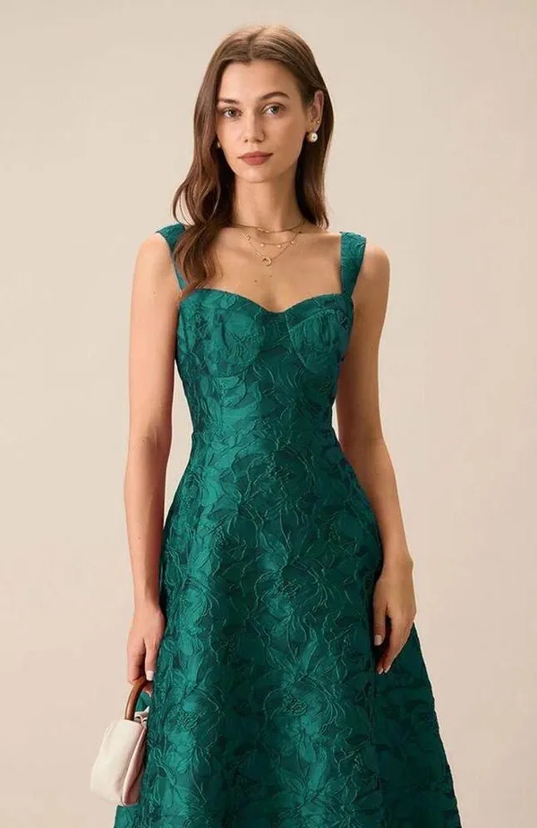 RIHOAS Green Sweetheart Neck Jacquard Midi Dress XS - Image 3