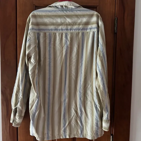 Tommy Bahama Button Down Shirt Mens Large Beige Striped 100% Silk Long Sleeve - Image 3