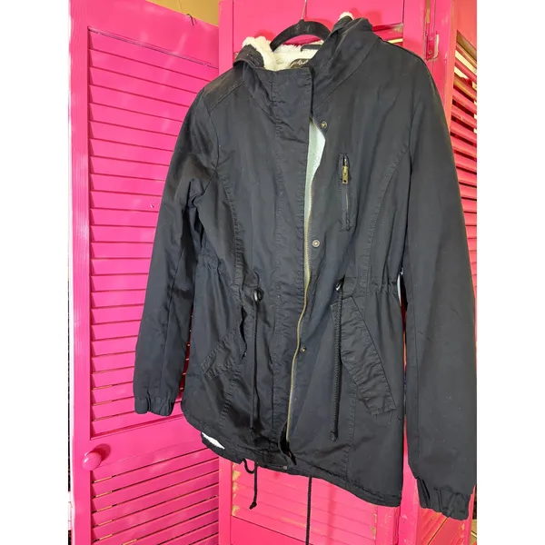 Charlotte Russe Ambiance Black Faux Shearling Lined Utility Parka Jacket Small - Image 3