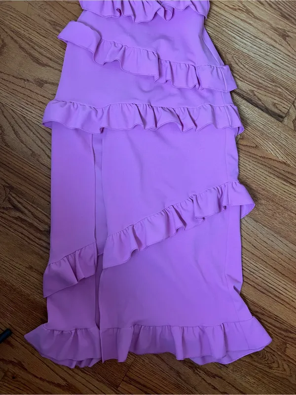 Show Me Your MuMu Greta Pink Lilac Ruffle Midi Dress with Side Slit - Image 3