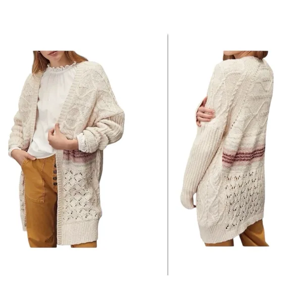 Anthropologie Pilcro Jemma Cable-Knit Open Cardigan Women Size XS/S Beige‎ Wool - Image 2