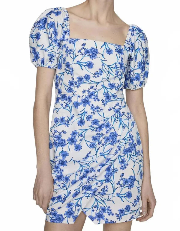 Mango Cotton Balloon-Sleeve Floral Printed Mini Dress Blue White NWT 4 / Small - Image 2